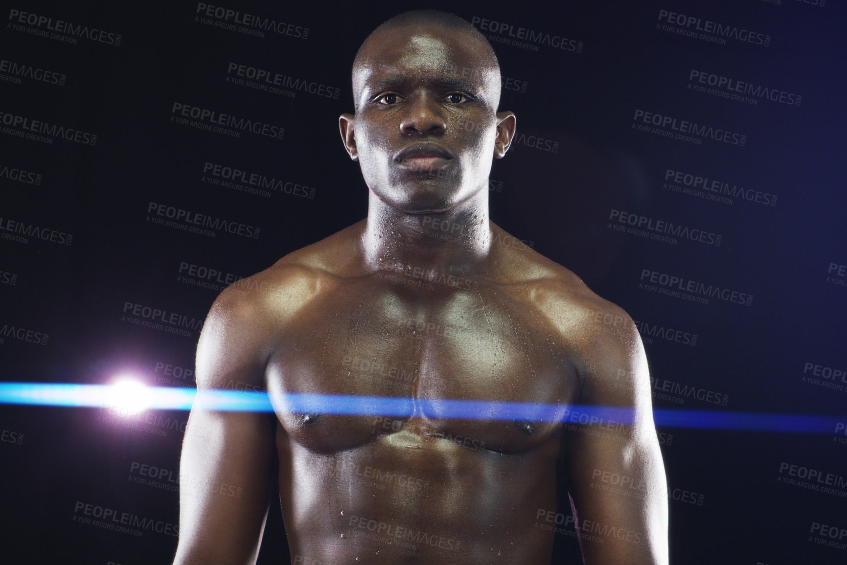 Buy stock photo Strong, fitness and portrait of black man with muscle on dark background for workout, exercise and training. Sports, power and face of serious male body builder with dedication, motivation and focus