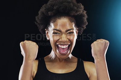 Buy stock photo Black woman, portrait and athlete celebration or excited with fists for happiness, winning or dark background. Female person, face and hand gesture in studio for healthy victory, competition or yes