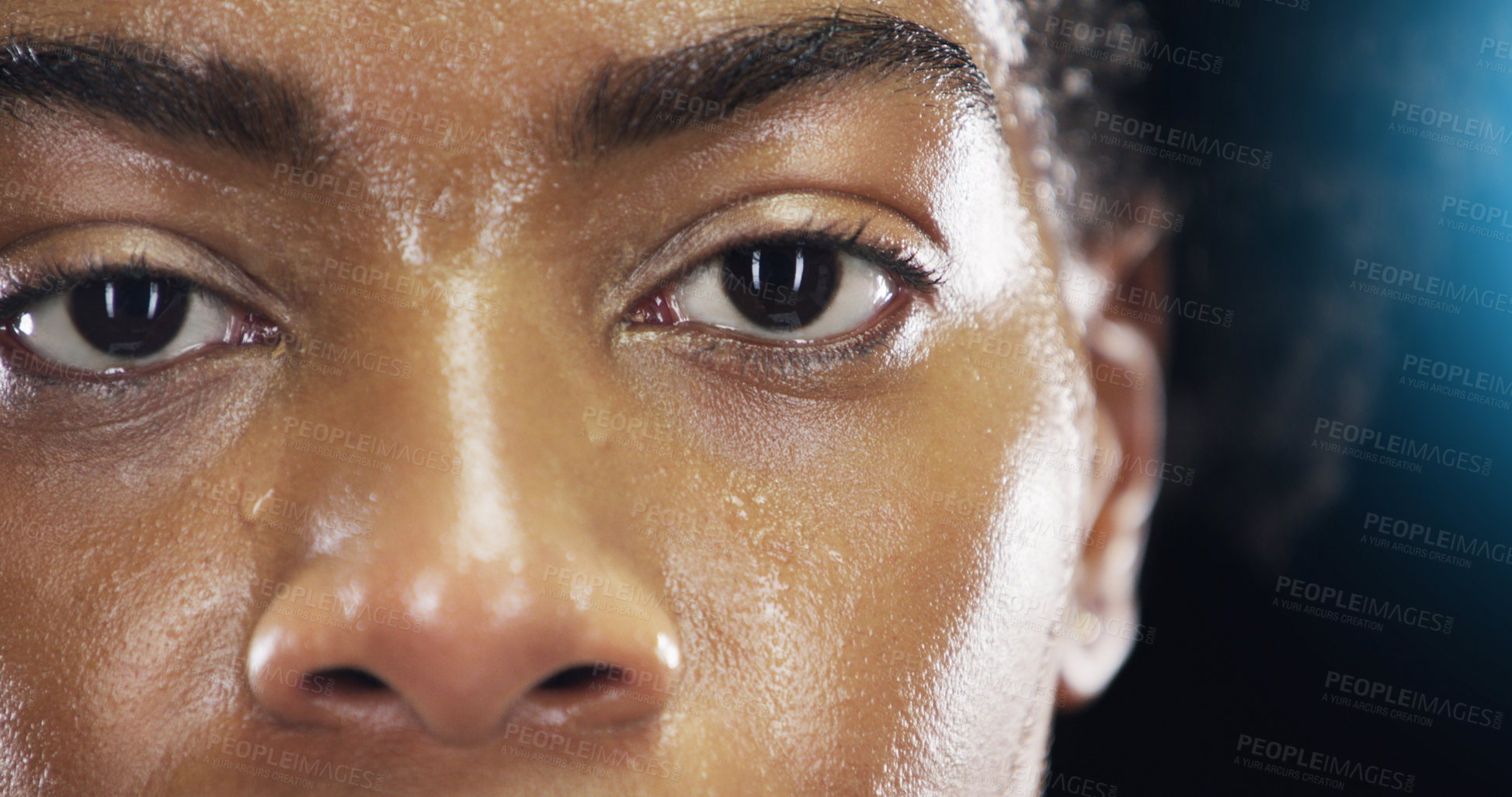 Buy stock photo Eyes, fitness and portrait of woman with sweat on dark background for workout, exercise and training. Health, wellness and face zoom of female person with dedication, motivation and focus for sports