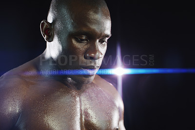 Buy stock photo Thinking, fitness and face of black man with sweat on dark background for workout, exercise and training. Sports, strong muscle and serious male body builder with dedication, motivation and focus