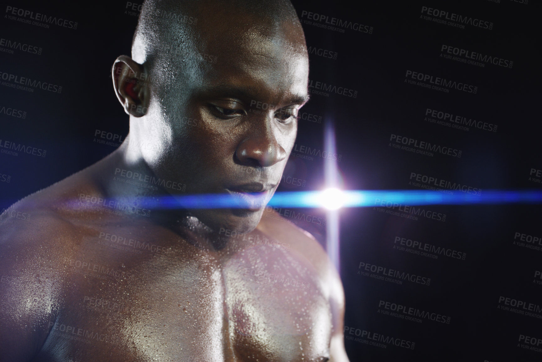 Buy stock photo Thinking, fitness and face of black man with sweat on dark background for workout, exercise and training. Sports, strong muscle and serious male body builder with dedication, motivation and focus