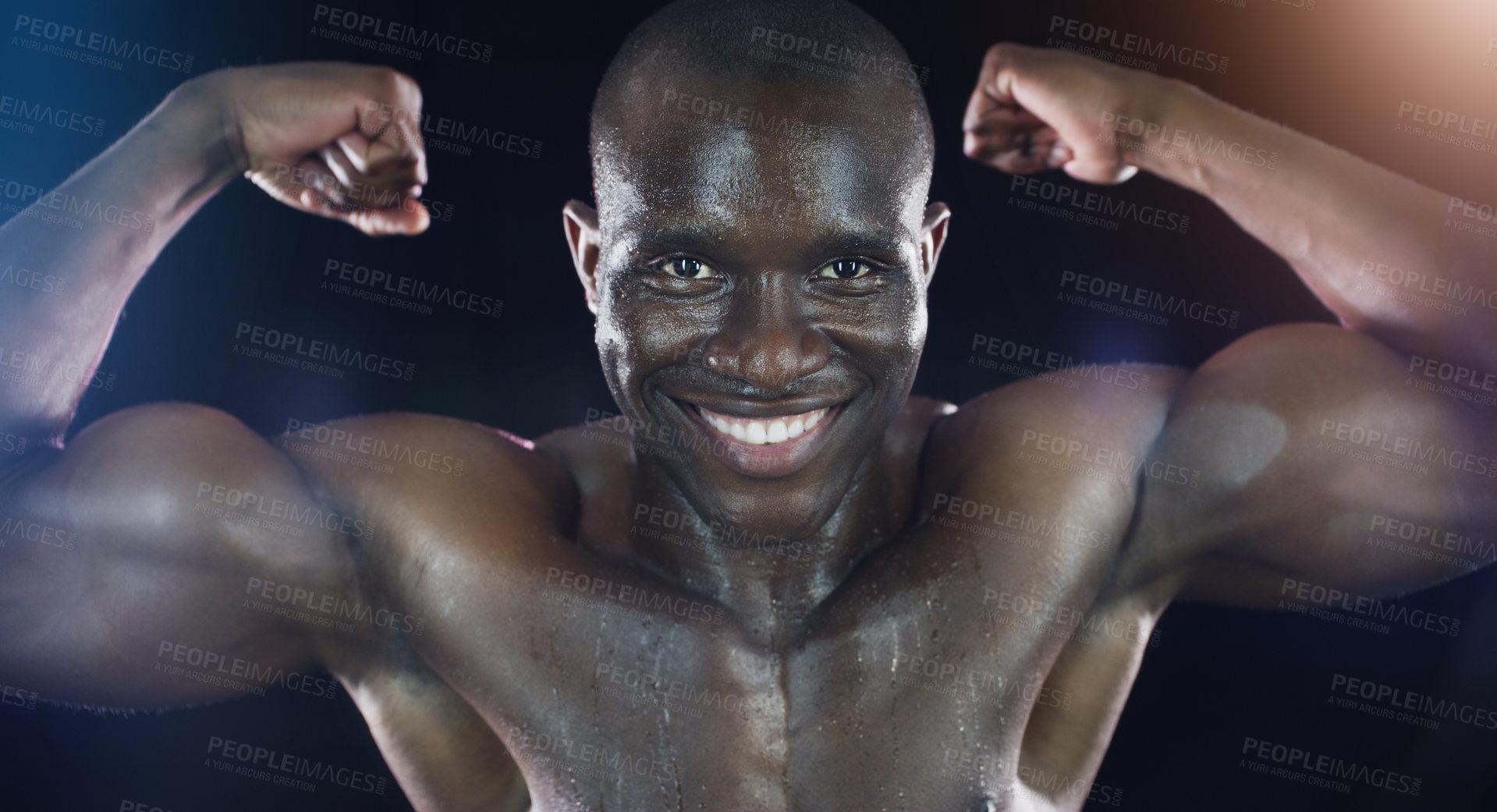 Buy stock photo Black man, portrait and flexing arm muscle on dark background as athlete, strength or training. Male person, face and confidence for body building or sports workout for health, exercise or growth