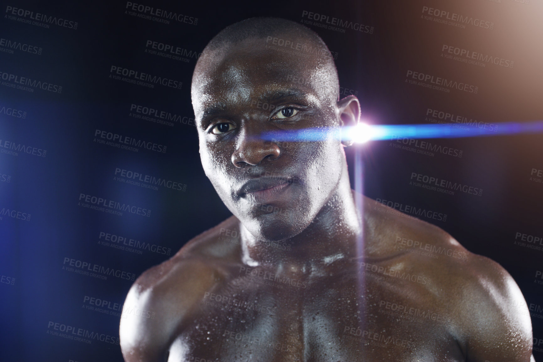 Buy stock photo Muscle, fitness and portrait of black man with sweat on dark background for workout, exercise and training. Sports, power and face of serious male body builder with dedication, motivation and focus