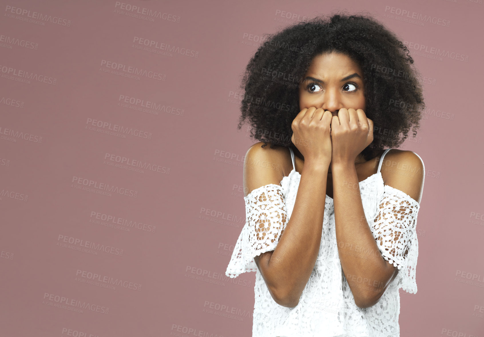 Buy stock photo Anxiety, fear and nervous woman in studio with mistake, stress and overthinking trauma or crisis on pink background. Doubt, risk and scared girl model with emoji for worry or overwhelmed by disaster