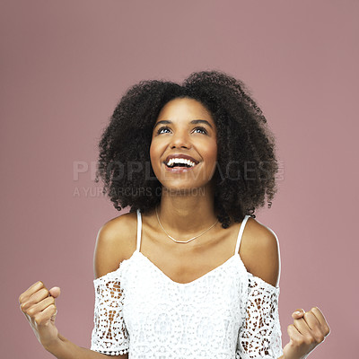 Buy stock photo Black woman, happy or celebrate in pink studio background for fashion competition or clothing win. Beautiful, female person and achievement isolated on backdrop for retail discount or shop deal