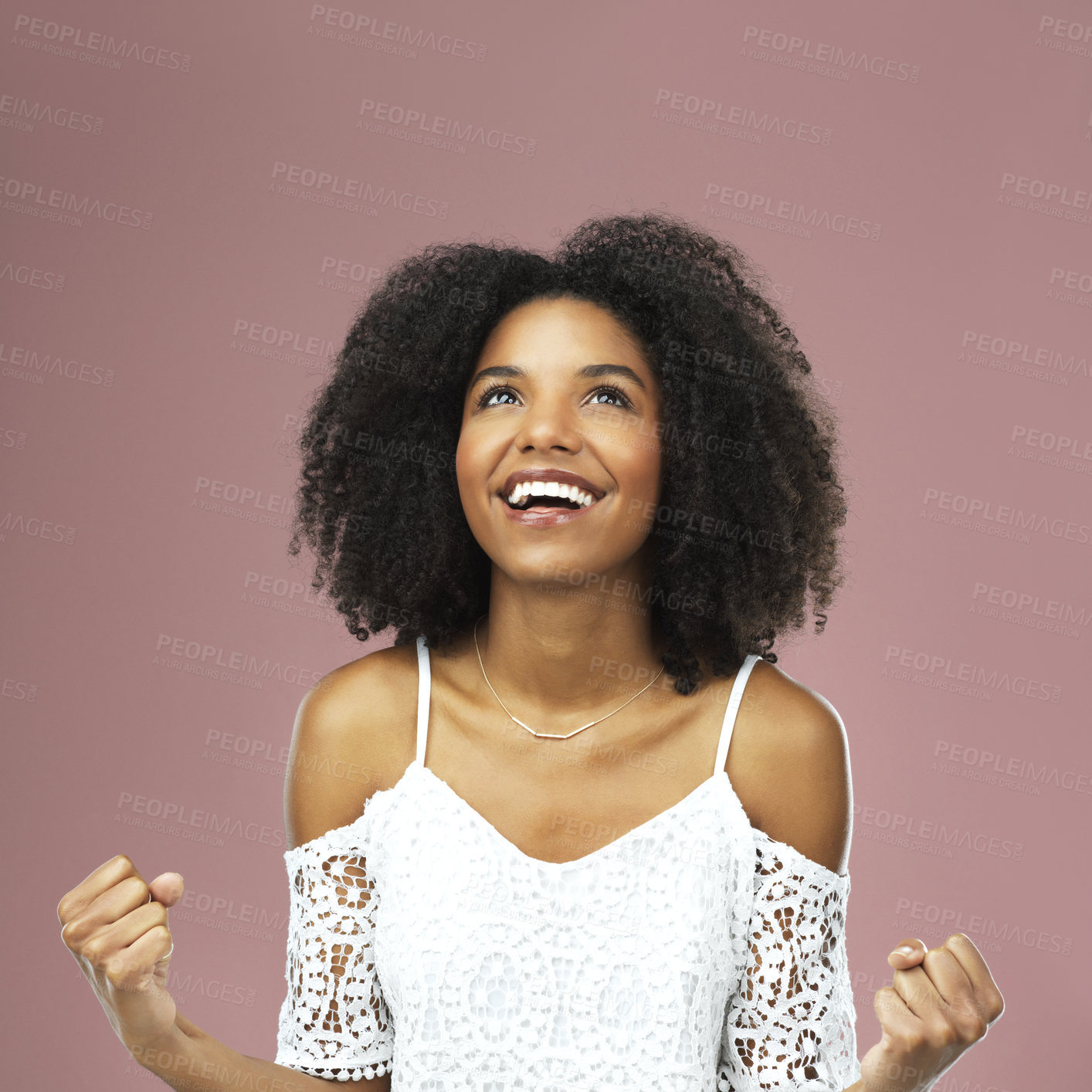 Buy stock photo Black woman, happy or celebrate in pink studio background for fashion competition or clothing win. Beautiful, female person and achievement isolated on backdrop for retail discount or shop deal