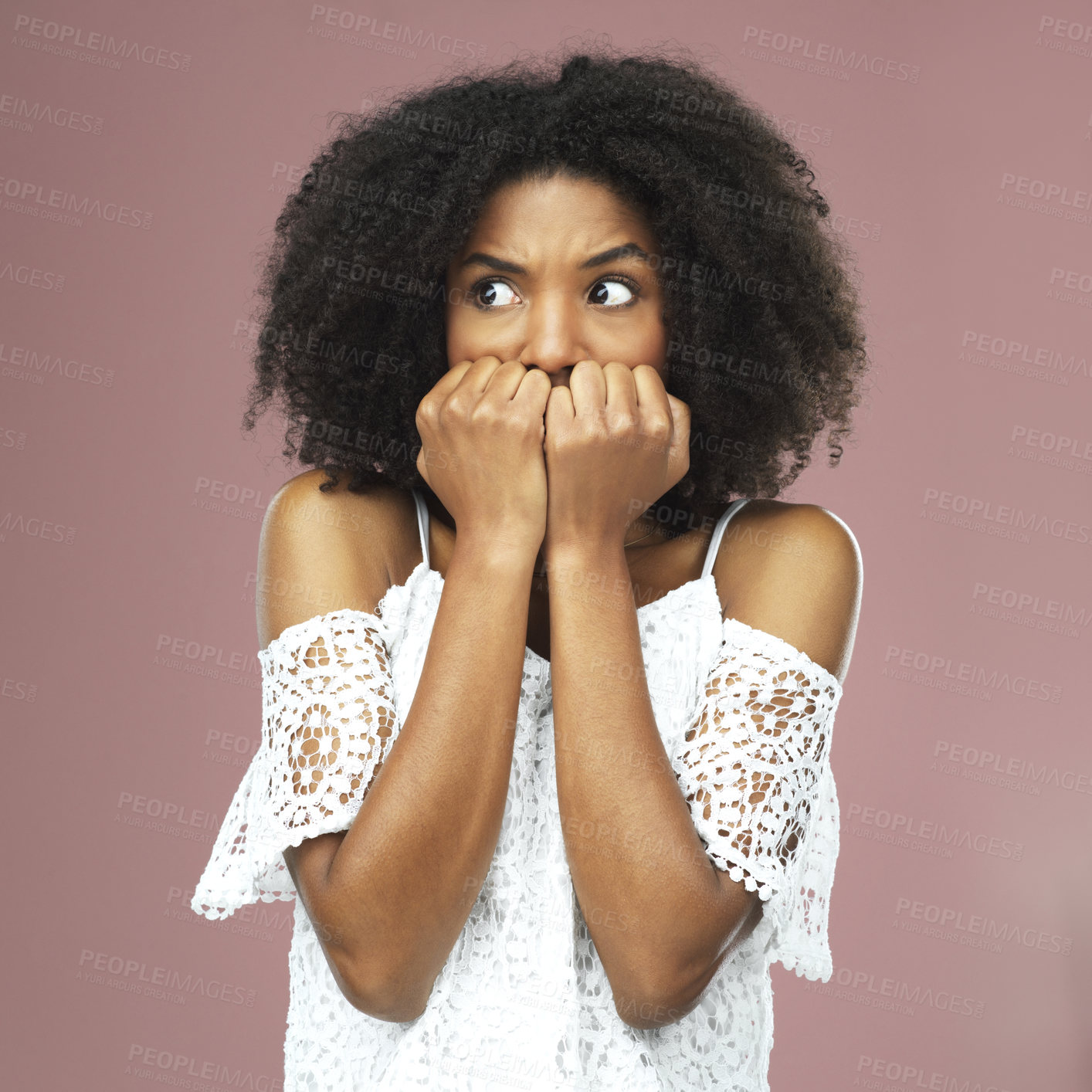 Buy stock photo Anxiety, nervous and scared woman in studio with mistake, stress and overthinking trauma or crisis on color background. Doubt, risk and girl model with fear emoji for worry or overwhelmed by disaster