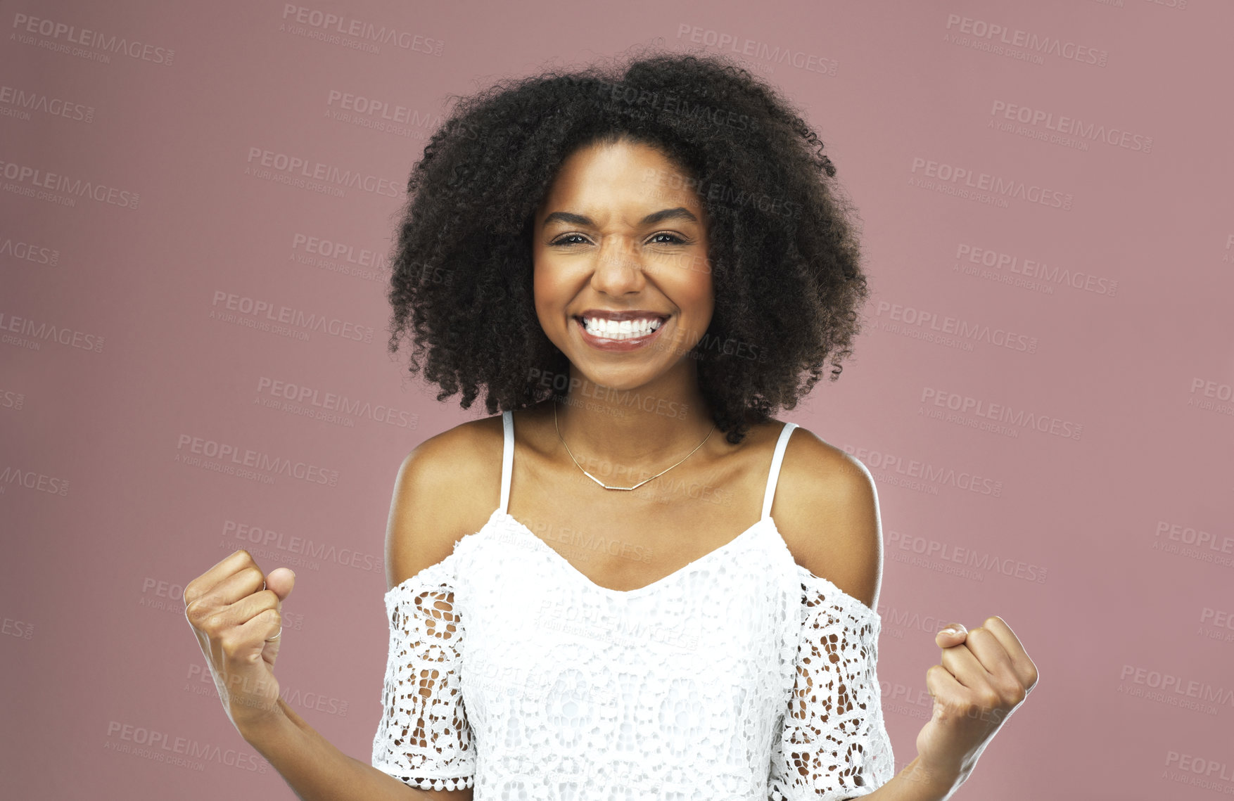 Buy stock photo Yes, happy and fist pump with black woman and portrait for announcement, notification or surprise. Excited, winner and cheering for girl for celebration, good news and bonus on pink studio background