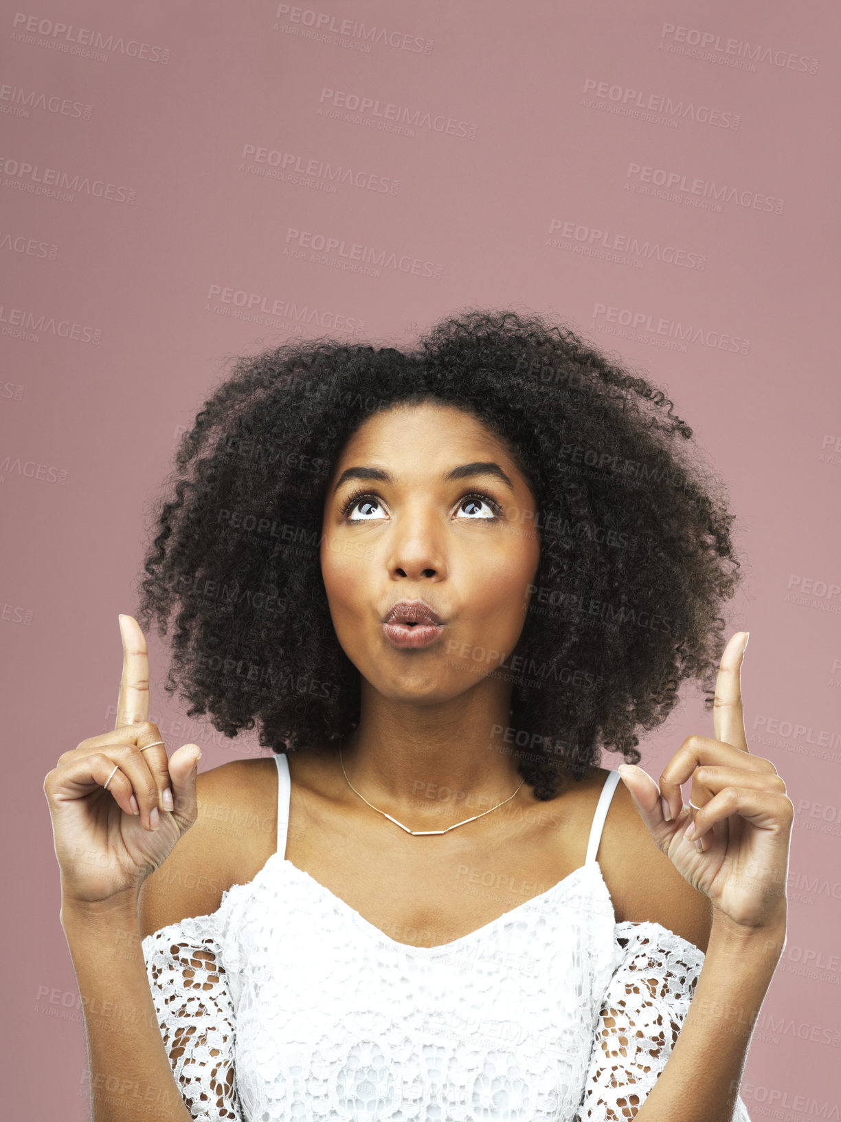 Buy stock photo Mockup, woman and hand pointing up in studio for wow news, announcement or promotion offer on pink background. Space, presentation and girl model with emoji finger for alert, information and deal