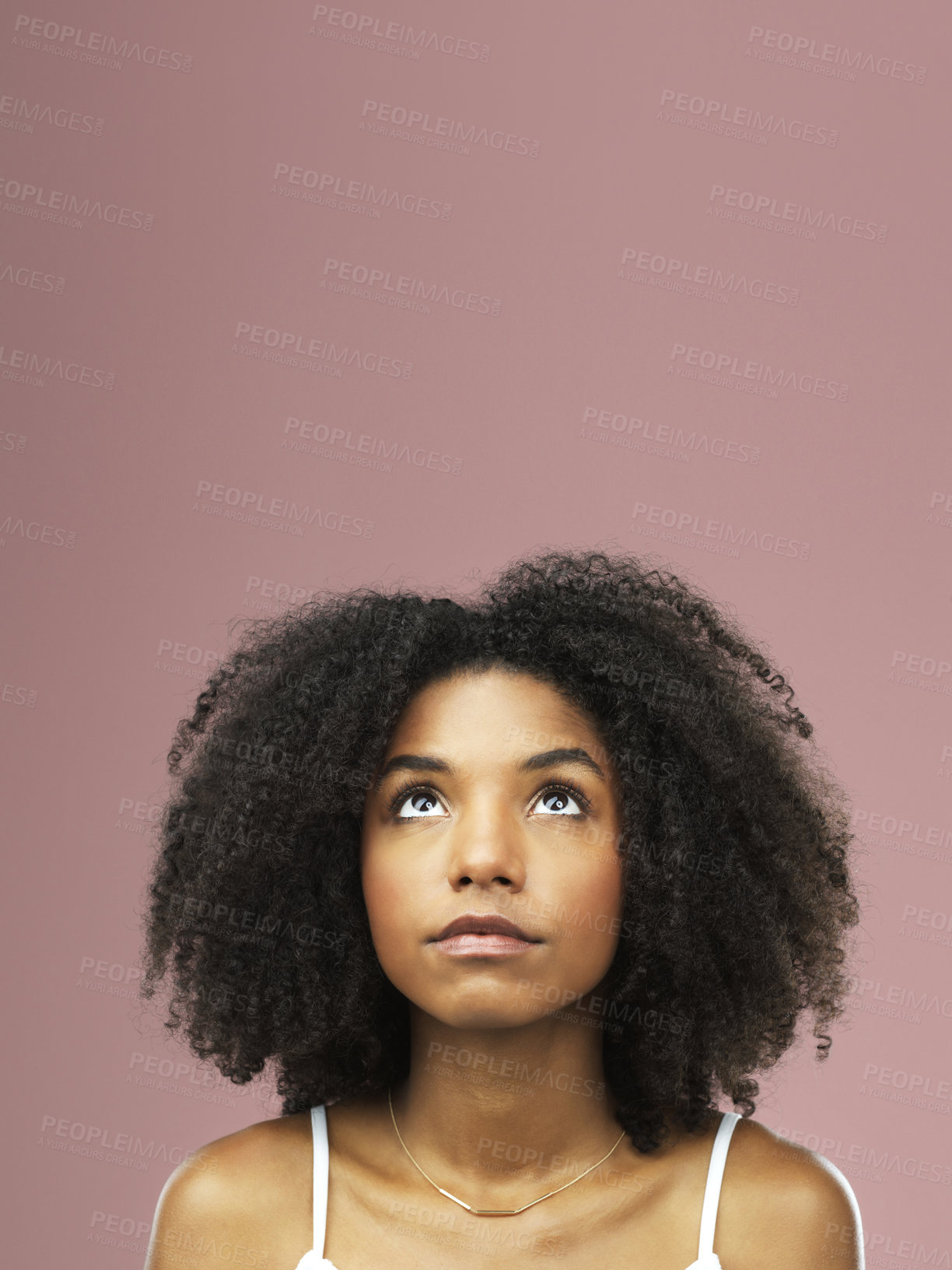 Buy stock photo Thinking, ideas and black woman by mockup space for marketing, promotion or advertising. Decision, choice and African female person with option, doubt or planning isolated by studio background.