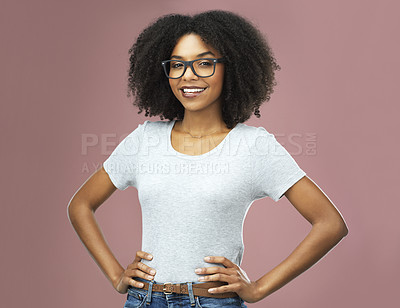 Buy stock photo Portrait, happy and black woman with glasses akimbo in studio isolated on a pink background. Natural beauty, nerd and face of African female model from Nigeria with confidence, cosmetics and fashion.