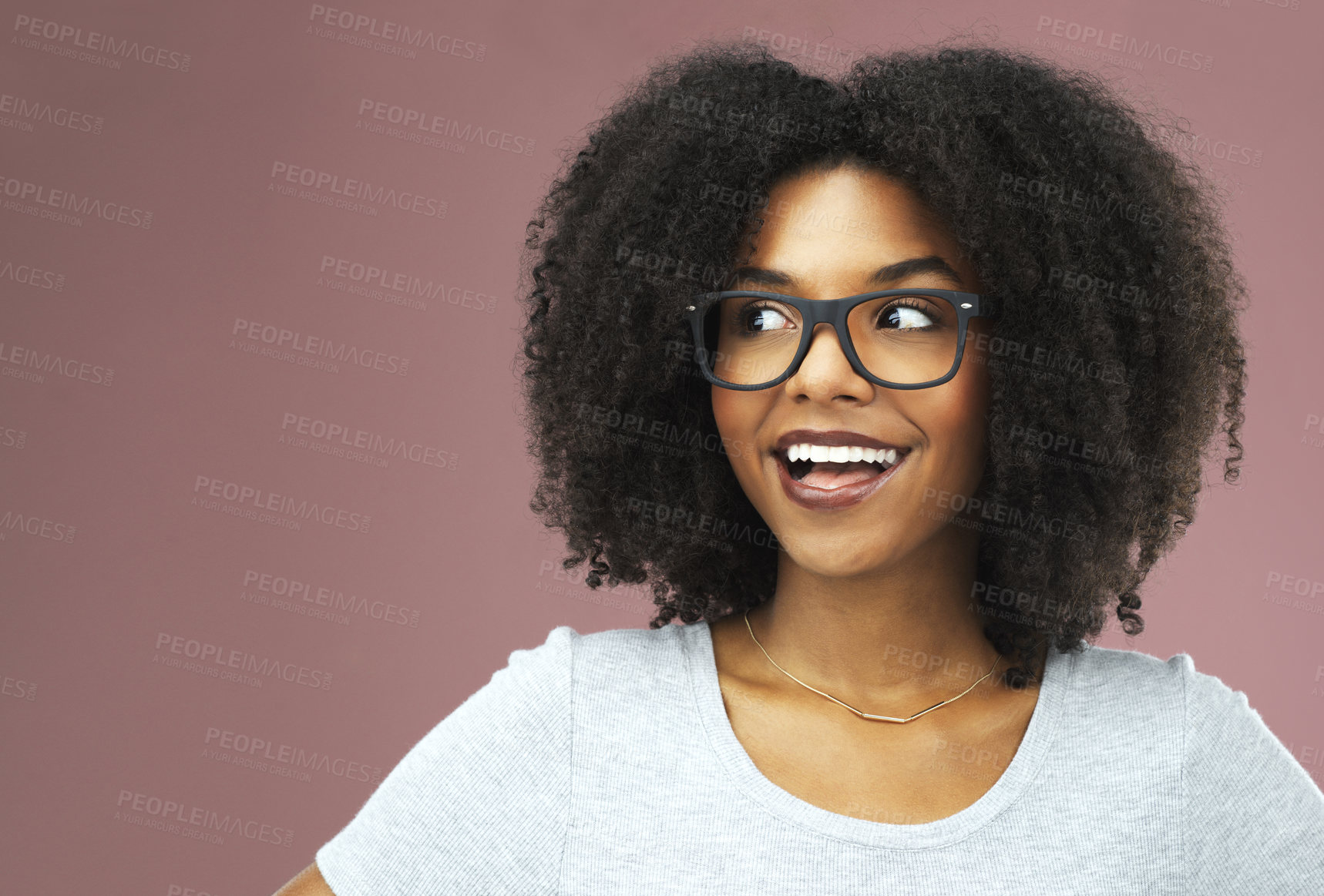 Buy stock photo Black woman, studio and glasses with open mouth for thinking or fashion, idea for clothes with wellness. Female person, pink background and plan in portrait with style, mockup in New York City