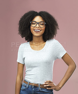 Buy stock photo Portrait, funny and black woman with glasses in studio isolated on a pink background akimbo. Natural beauty, nerd and face of African female model from Nigeria with confidence, cosmetics and fashion.