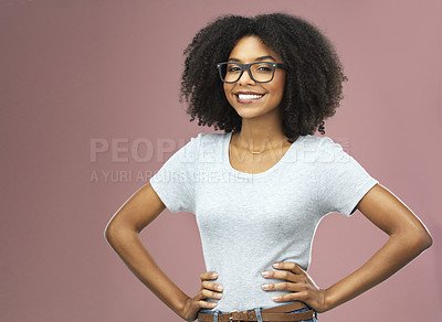Buy stock photo Portrait, smile and black woman with glasses akimbo in studio isolated on a pink background. Natural beauty, nerd and African female model from Nigeria with confidence, cosmetics and face mockup.