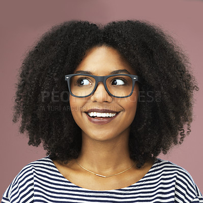Buy stock photo Shot of a beautiful young woman posing with reading glasses against a pink background