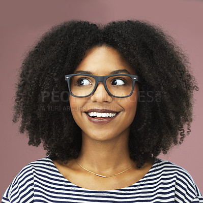 Buy stock photo Glasses, thinking and happy black woman with idea, vision or planning isolated on pink studio background. Eyewear, smile and dream of future decision, inspiration or brainstorming to remember memory