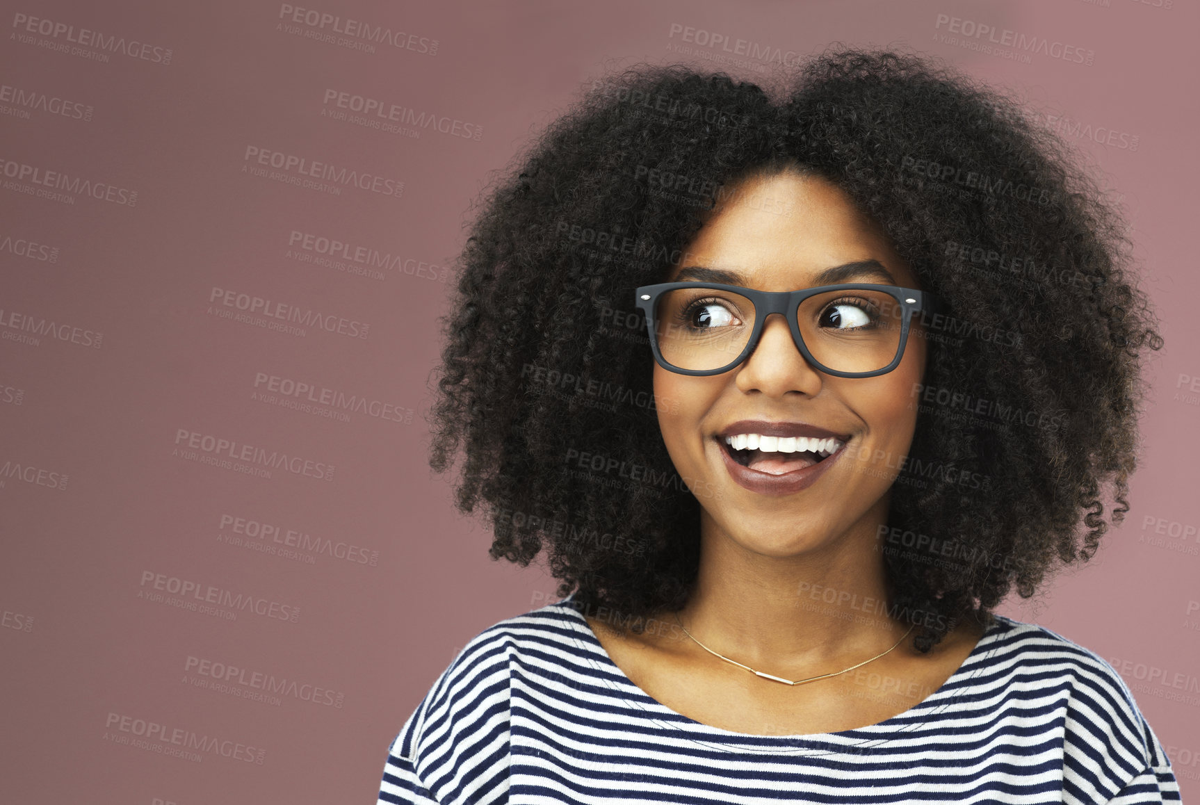 Buy stock photo Glasses, thinking and excited black woman with idea, vision or planning isolated on pink studio background space. Eyewear, inspiration and dream of future decision, laugh or brainstorming to remember