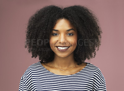 Buy stock photo Shot of a beautiful young woman smiling against a pink background