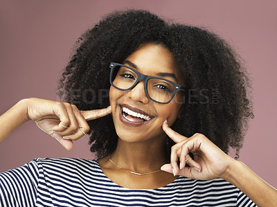 Buy stock photo Happy, woman and hand on face for dental care, oral hygiene and invisible braces with mockup space. Excited, glasses and smile with veneers, tooth transformation and orthodontics for wellness