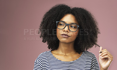 Buy stock photo Thinking, smile and black woman with ideas, decision and problem solving on a pink studio background. Person, choice or model with happiness, inspiration and brainstorming with planning and emoji