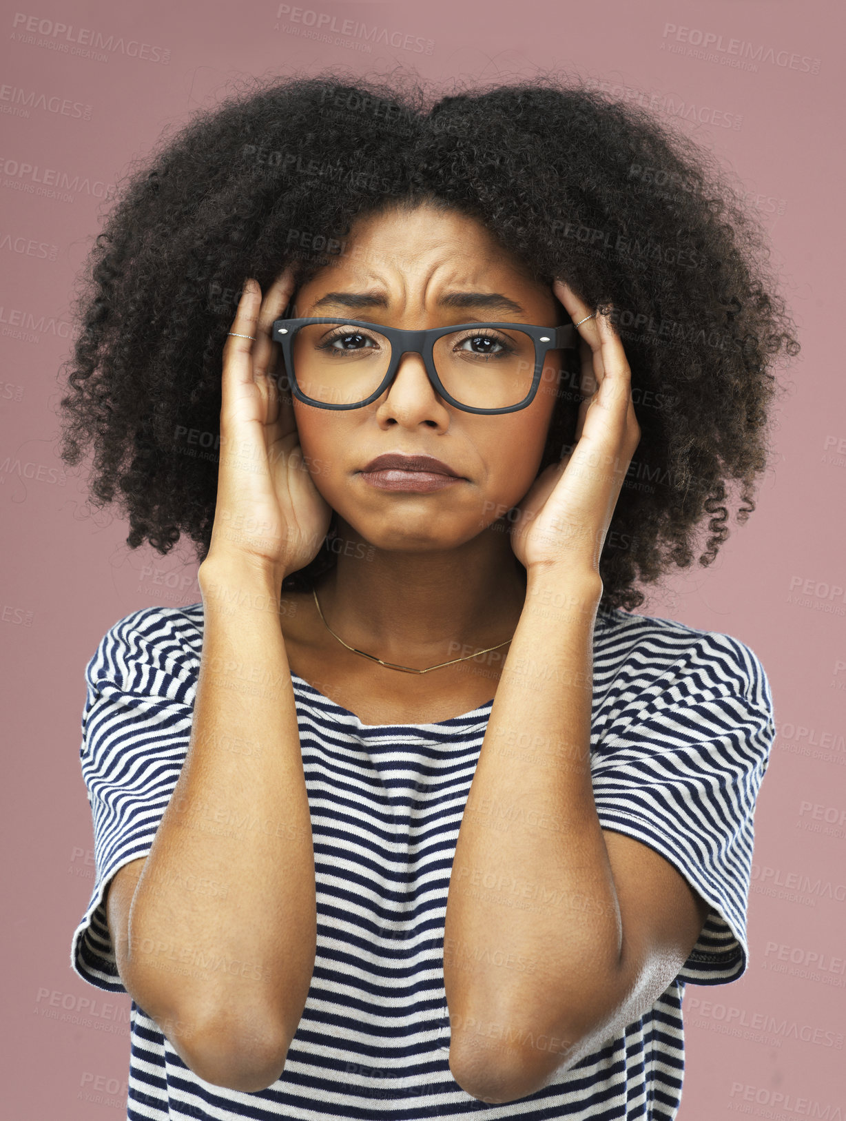 Buy stock photo Stress, headache or woman face with glasses in studio overwhelmed by brain fog, vertigo or crisis on pink background. Anxiety, portrait or model frustrated, sad or overthinking, mistake or trauma