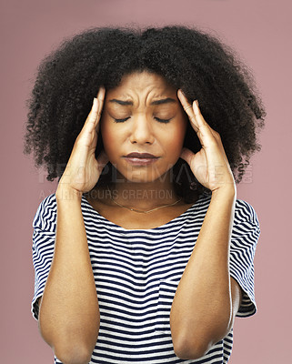 Buy stock photo Stress, anxiety and woman with headache in studio overwhelmed by mistake, pressure or conflict trauma on pink background. Migraine, face and girl model with emoji fail, crisis or vertigo disaster