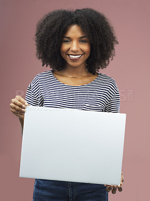 Buy stock photo Mockup, studio and portrait of woman with poster for billboard, design and board for marketing. Female person, happy and paper banner for promotion, advertising and information on pink background