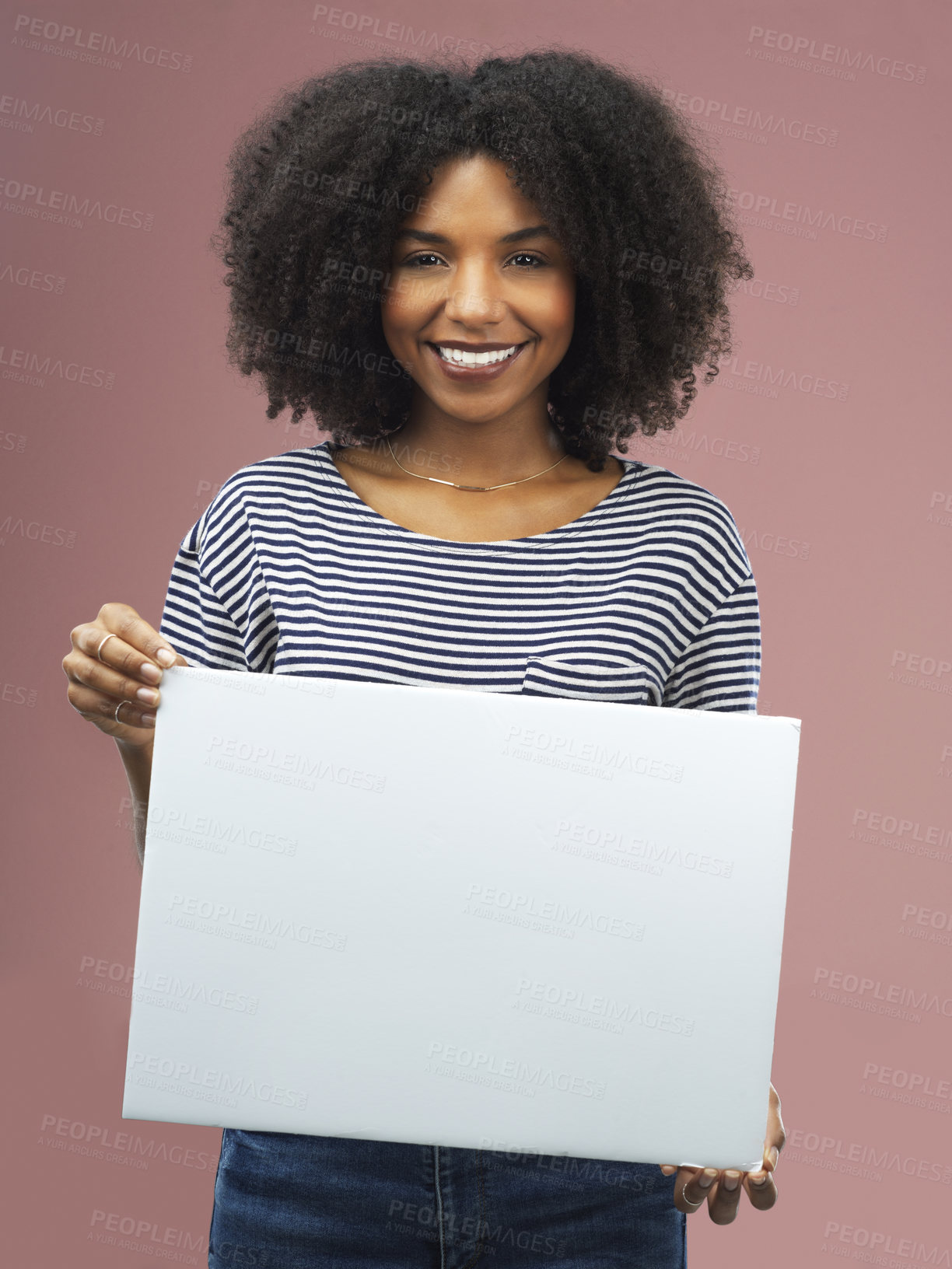 Buy stock photo Mockup, studio and portrait of woman with poster for billboard, design and board for marketing. Female person, happy and paper banner for promotion, advertising and information on pink background