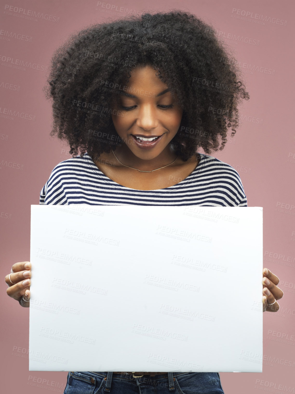 Buy stock photo Black woman, placard and mockup in studio for advertising or branding isolated on pink background. Marketing, logo and paper poster or sale announcement sign for commercial with message in America.