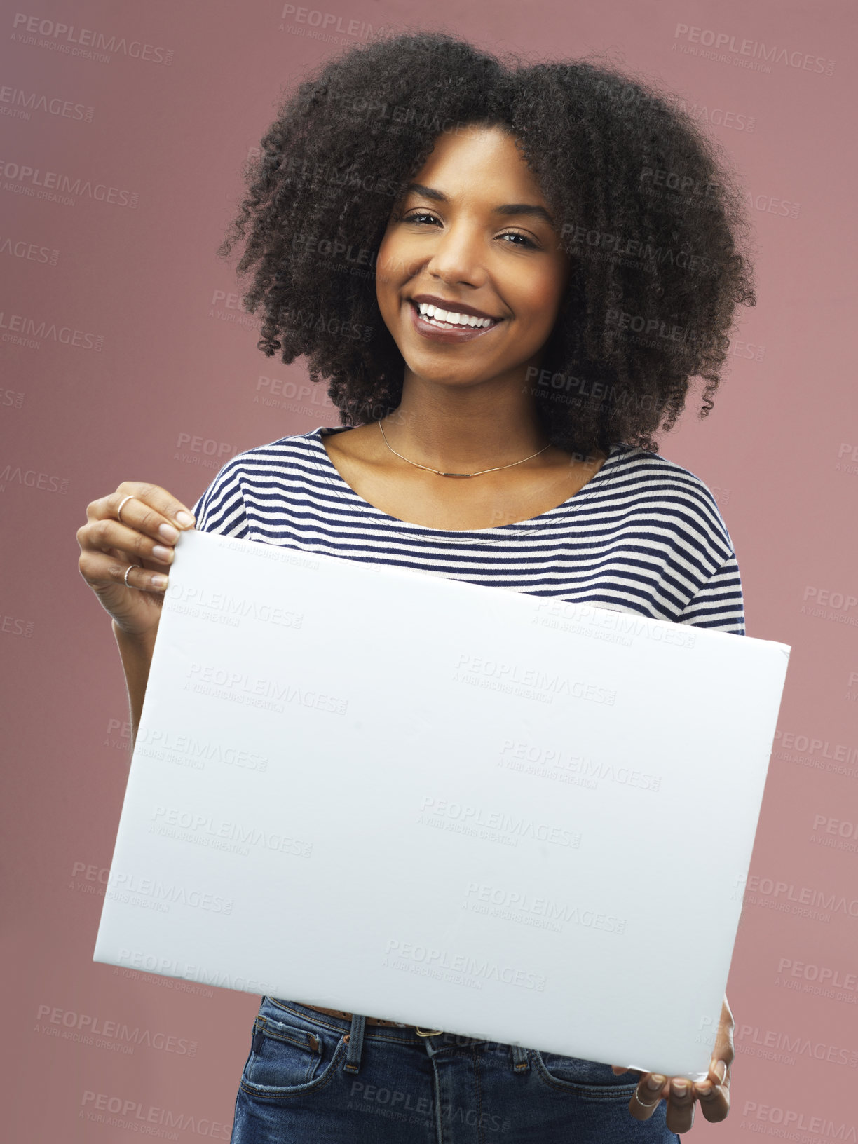 Buy stock photo Paper, poster and portrait of woman in studio for information, news and board for marketing. Female person, mockup and placard with smile for advertising, promotion or announcement on pink background