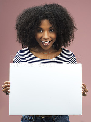 Buy stock photo Placard, black woman and mockup in studio for advertising or branding isolated on pink background. Logo, marketing and paper poster or sale announcement sign for commercial with message in portrait.