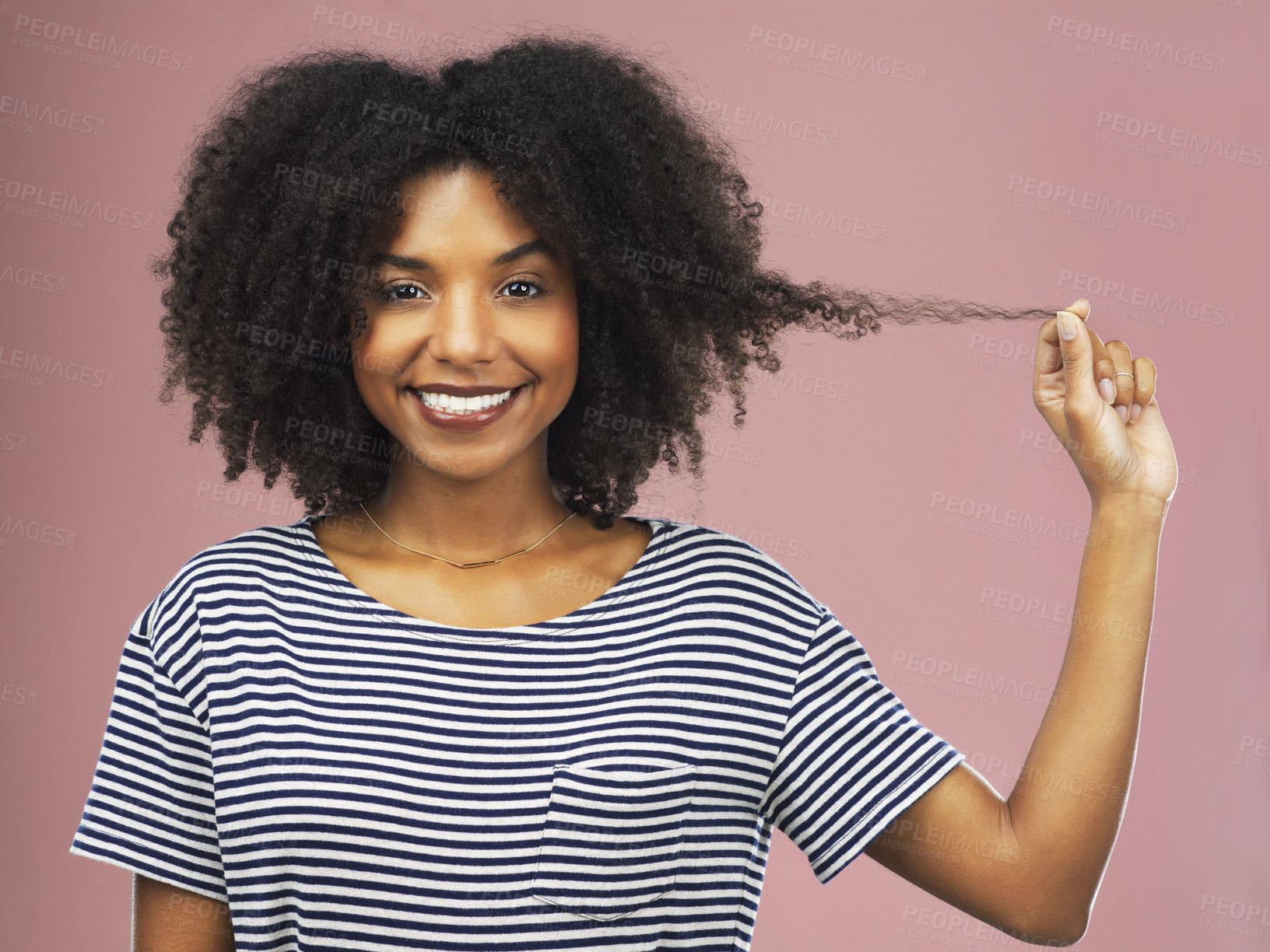 Buy stock photo Afro, haircare and portrait of black woman, growth and smile for hairstyle, texture and health of hair. Pink background, face and African girl with happiness for treatment in studio and salon