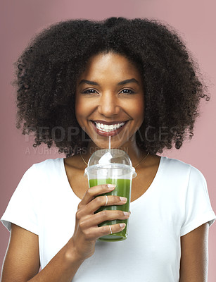 Buy stock photo Smile, health and portrait of woman with green juice for detox, nutrition or wellness diet. Happy, confident and female person drinking organic smoothie for vitamins isolated by studio background.