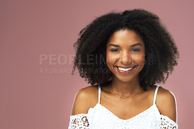 Buy stock photo Afro, haircare and portrait of black woman, smile and studio for hairstyle, growth and texture of hair. Pink background, face and African girl with happiness for treatment in salon and hairdresser