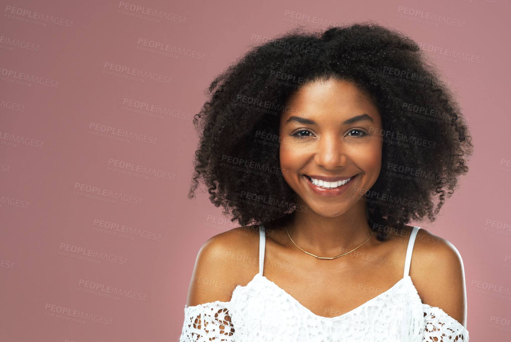 Buy stock photo Afro, haircare and portrait of black woman, smile and studio for hairstyle, growth and texture of hair. Pink background, face and African girl with happiness for treatment in salon and hairdresser