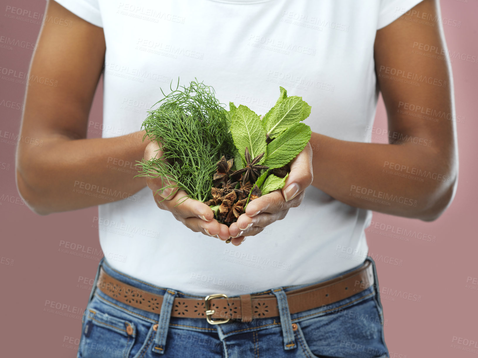 Buy stock photo Hands, vegetables and person with herbs in studio for health, wellness or spices for diet isolated on pink background. Green, leaf and plants for nutrition, food or natural organic medicine benefits