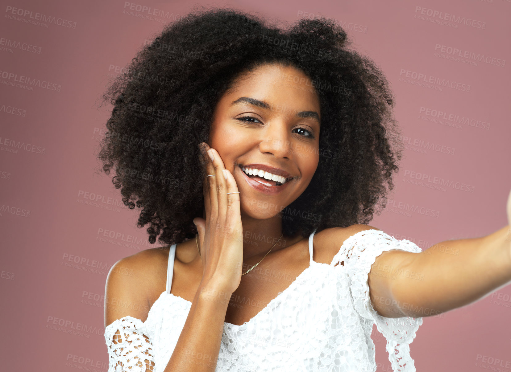 Buy stock photo Selfie, smile and portrait with woman in studio for social media, confidence and profile picture. Photo, happiness and relax with happy girl on pink background for beauty, self care and influencer