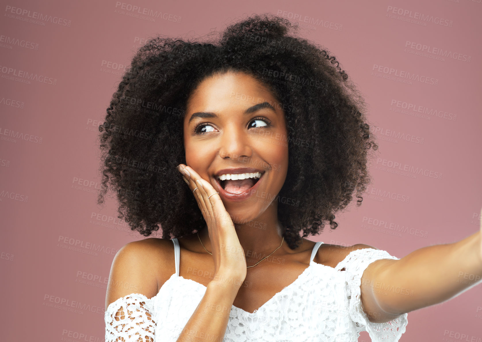 Buy stock photo Happy, smile and selfie with influencer in studio for social media, confidence and profile picture. Photo, excited and relax with portrait of girl on pink background for beauty, self care and woman