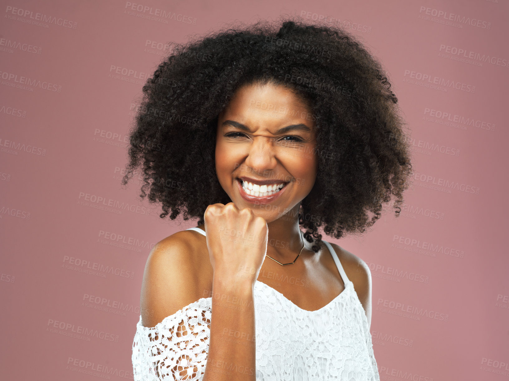 Buy stock photo Yes, cheering and fist pump with black woman and portrait for announcement, notification or surprise. Excited, winner and happy for girl for celebration, good news and bonus on pink studio background