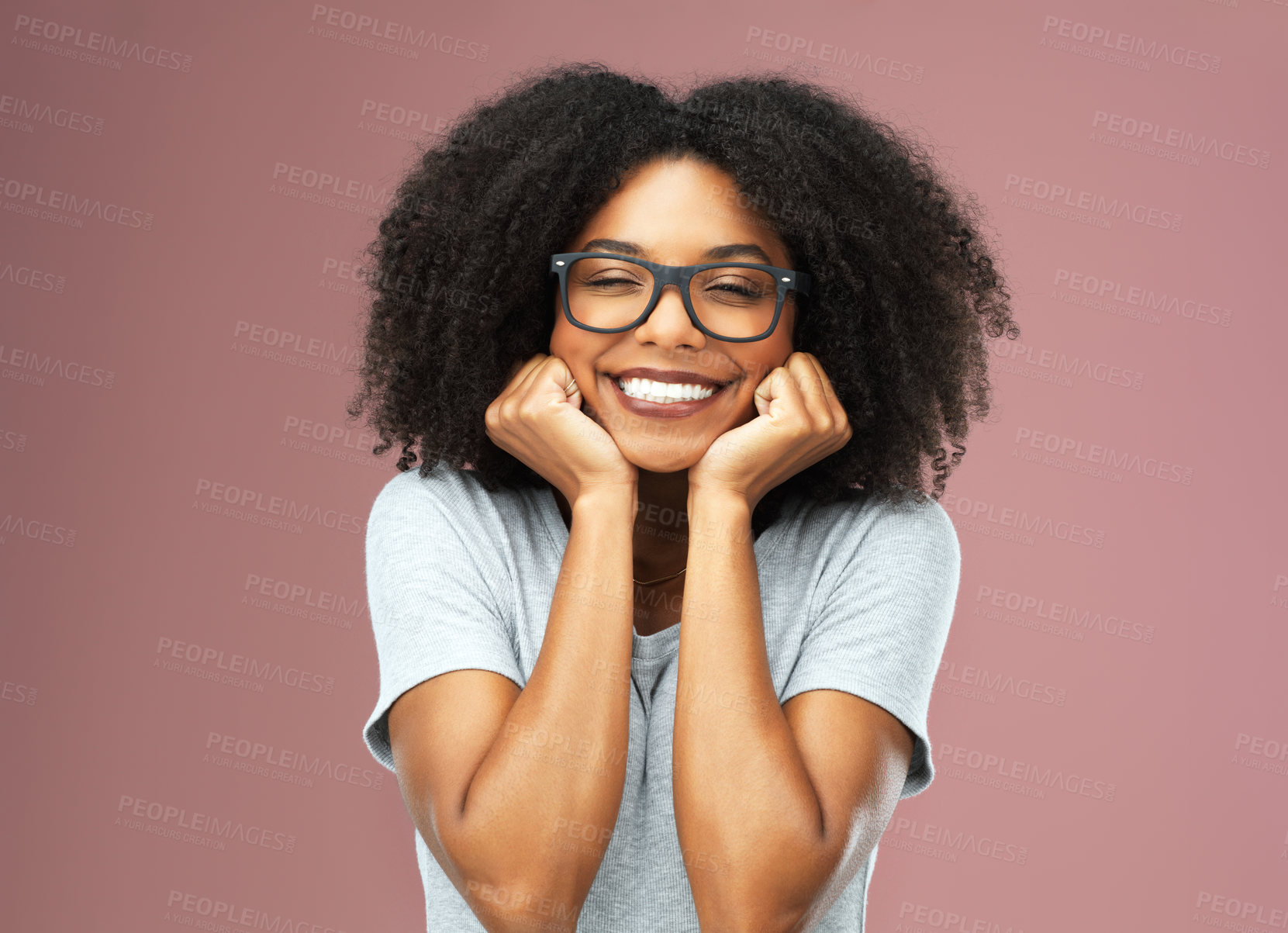 Buy stock photo Studio, joy and black girl with glasses for vision, portrait and Gen z with smile and excited with hands Afro, African woman and person with eye care with eyewear, pink background and student of USA