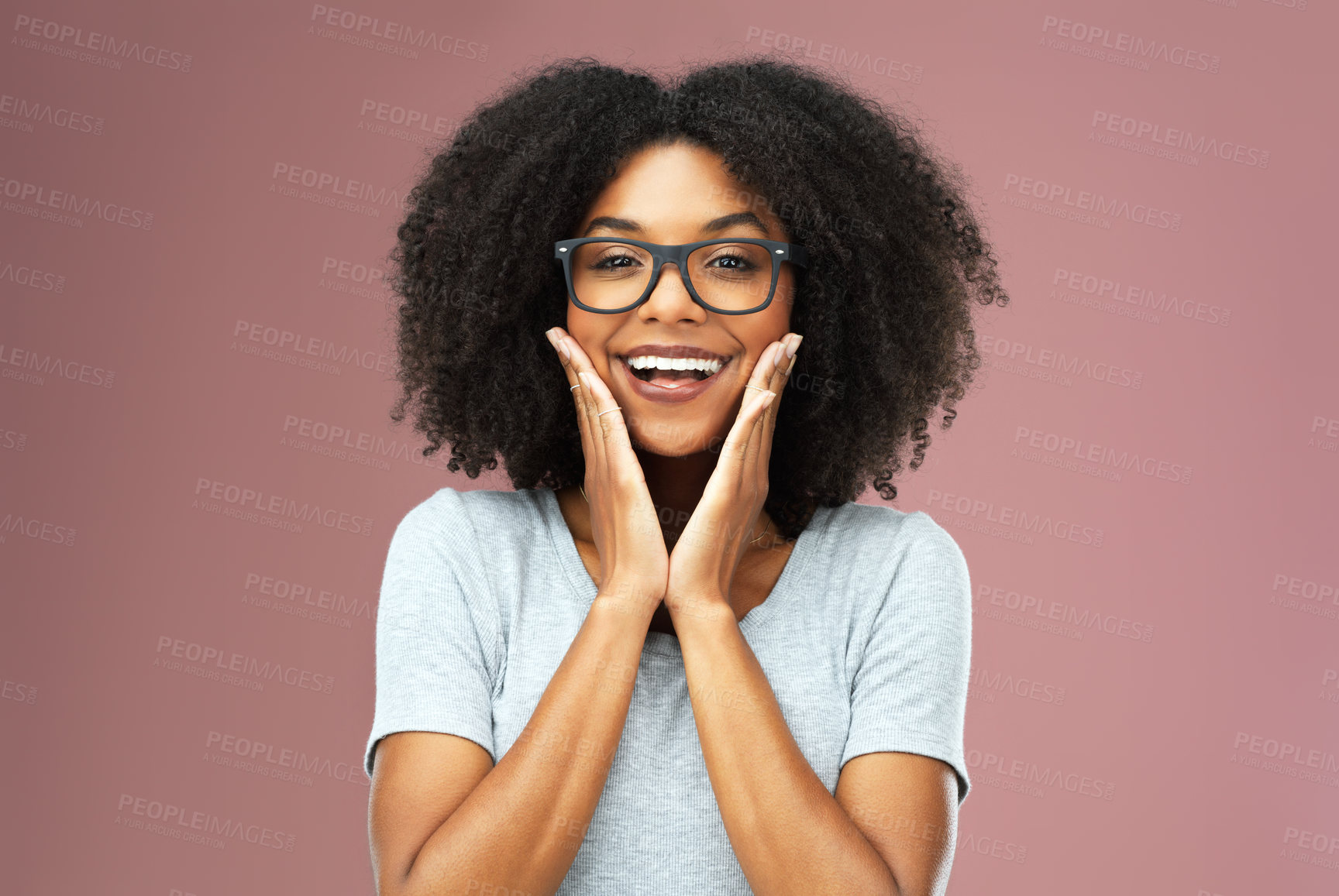 Buy stock photo Studio, happy and black girl with glasses for vision, portrait and Gen z with smile and hands for joy. Afro, African woman and person with eye care with eyewear, pink background and student of USA