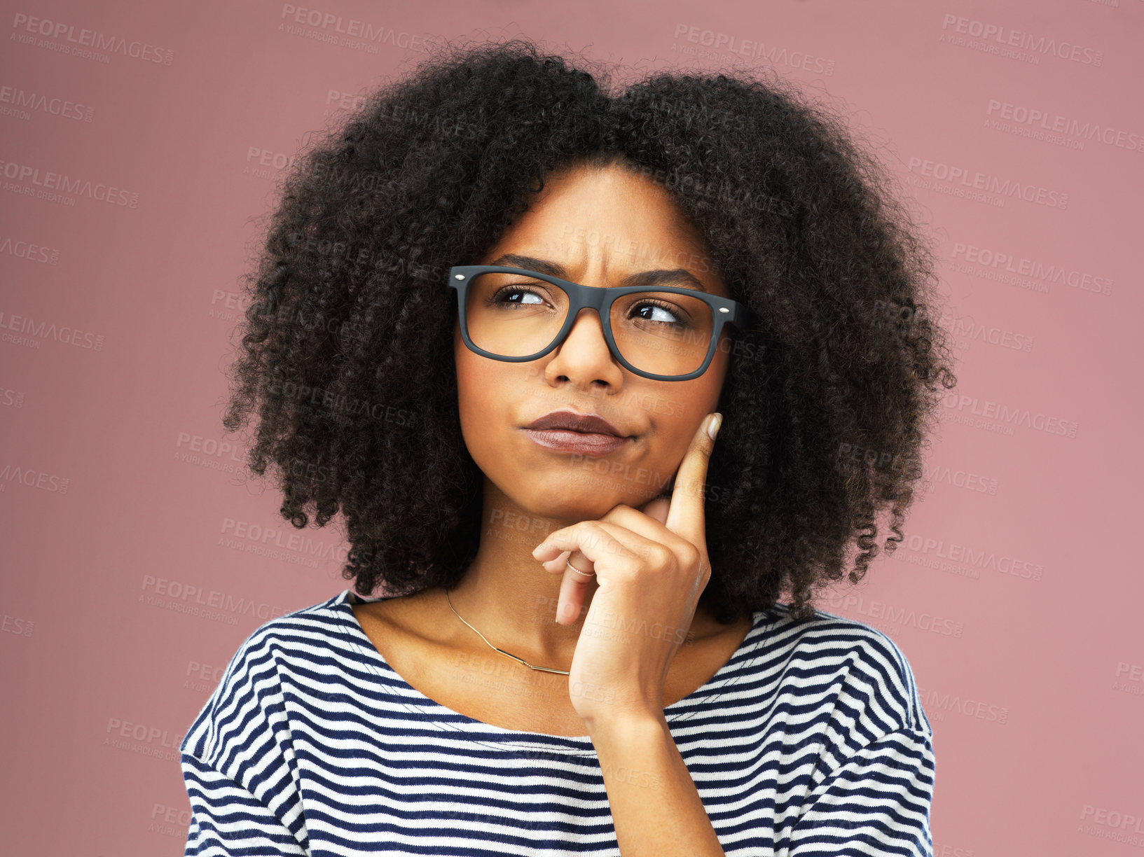 Buy stock photo Thinking, confused and girl with glasses in studio for solution, planning or asking gesture on pink background. Why, doubt and curious woman model with how to, questions or idea for problem solving