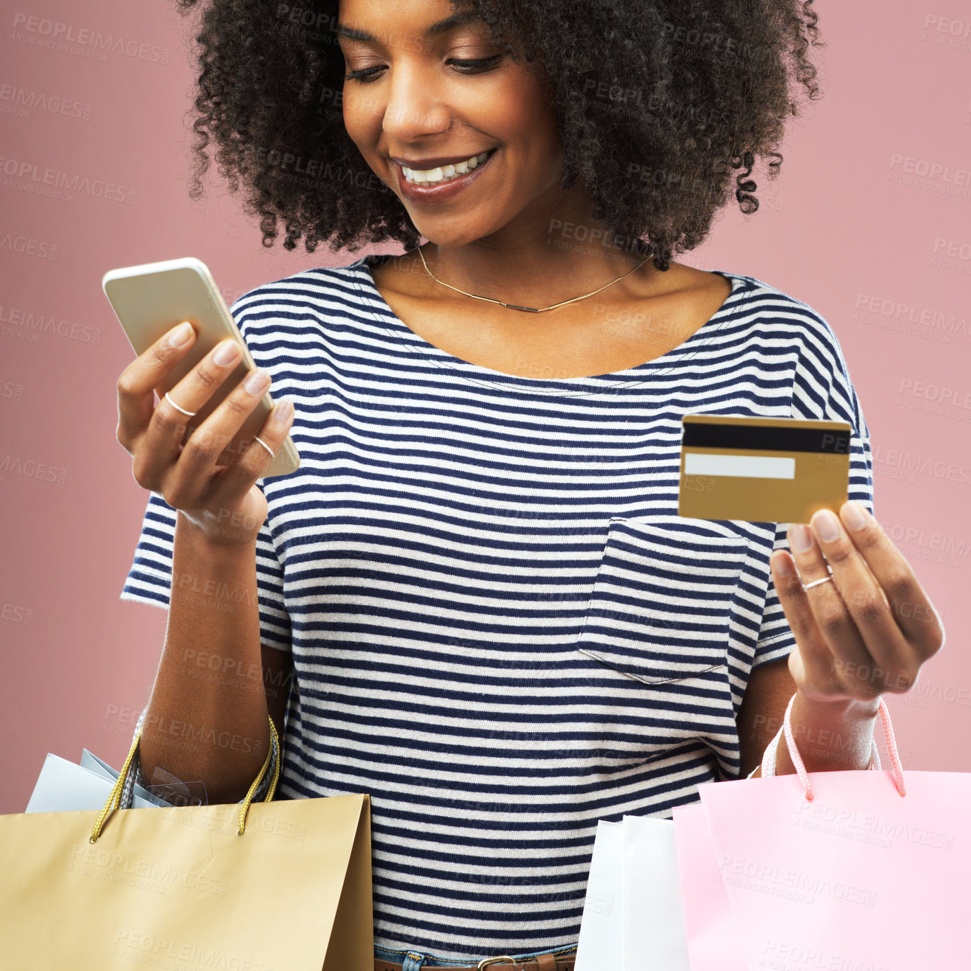 Buy stock photo Phone, credit card or woman with shopping bag in studio for sale, discount or retail cashback promo on pink background. Ecommerce, deal and gen z customer with smartphone, sign up or app payment