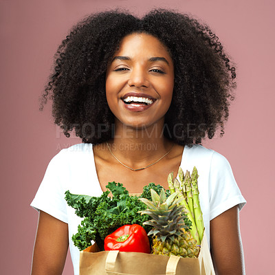 Buy stock photo Smile, health and portrait of woman with groceries for diet, wellness and detox with vegetables. Happy, confident and female person with bag with organic, fresh and nutrition ingredients in studio.