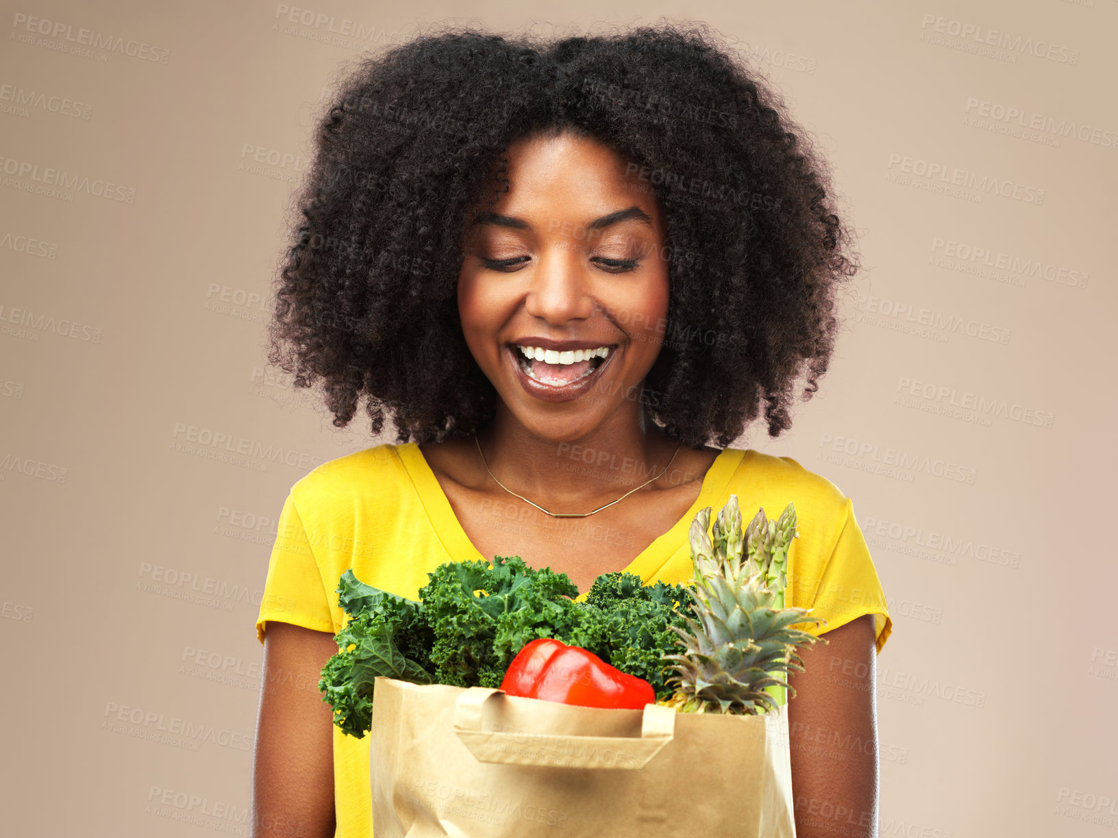 Buy stock photo Smile, health and woman with groceries for diet, wellness and detox with vegetables and fruit. Happy, confident and female person with bag with organic, fresh and nutrition ingredients in studio.