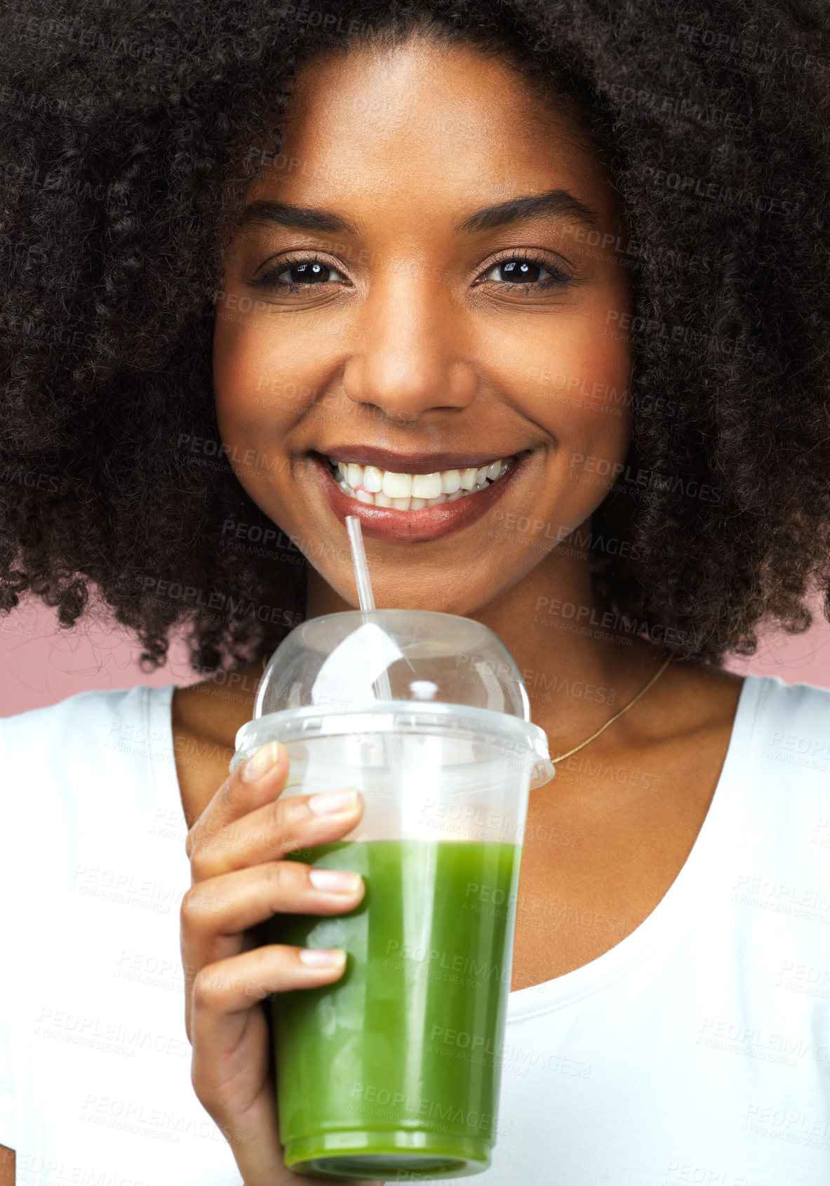 Buy stock photo Smile, wellness and portrait of woman with green juice for detox, nutrition or health diet. Happy, confident and female person drinking organic smoothie for vitamins isolated by studio background.