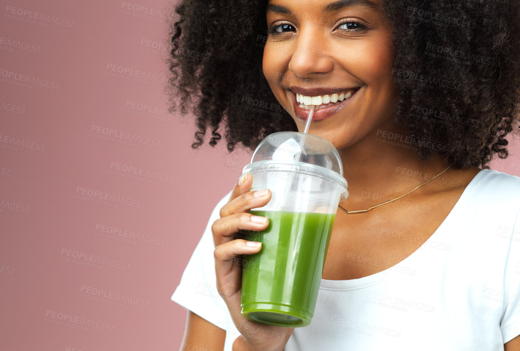 Buy stock photo Happy, health and portrait of woman with green juice for detox, nutrition or wellness diet. Smile, confident and female person drinking organic smoothie for vitamins isolated by studio background.