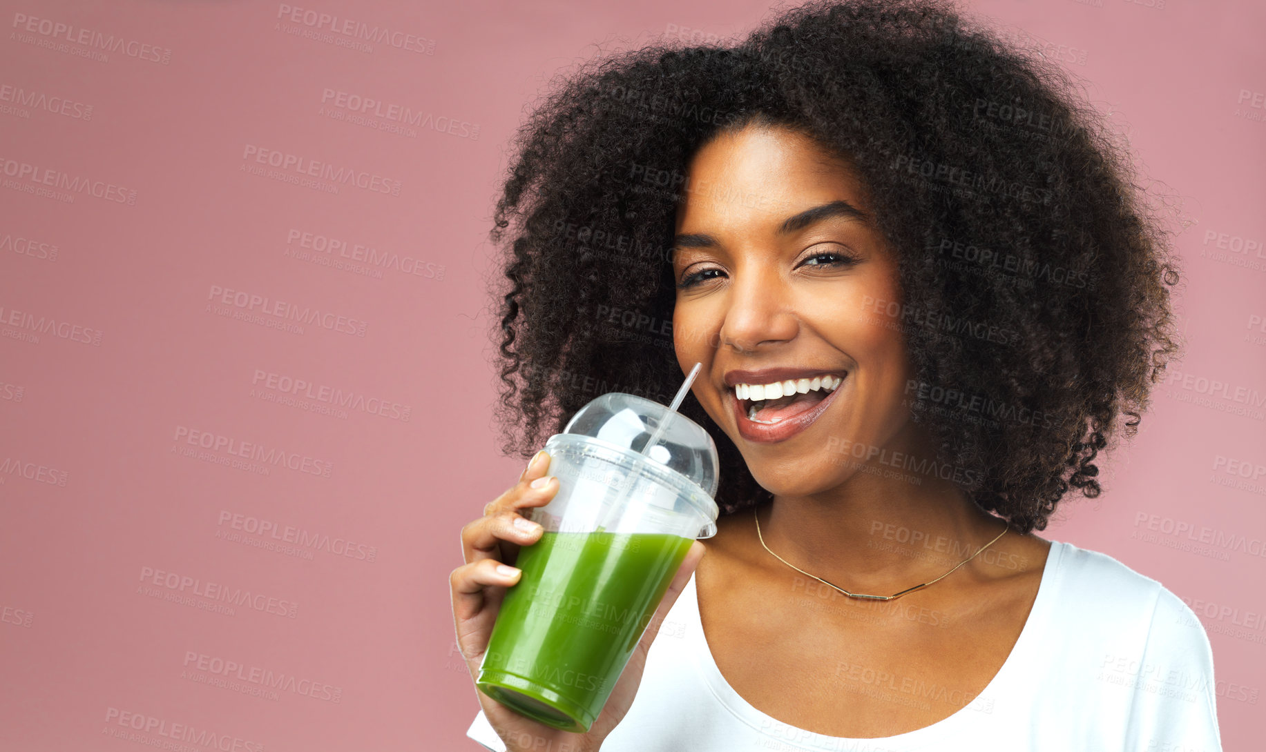 Buy stock photo Happy, wellness and portrait of woman with green juice for detox, nutrition or health diet. Smile, confident and female person drinking organic smoothie for vitamins isolated by studio background.