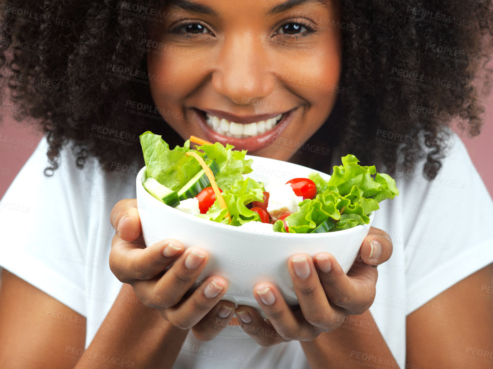 Buy stock photo Smile, health and woman with bowl of salad for wellness, fresh and detox lunch meal with vegetables. Happy, portrait and female person with nutrition, vegan and organic diet food by studio background