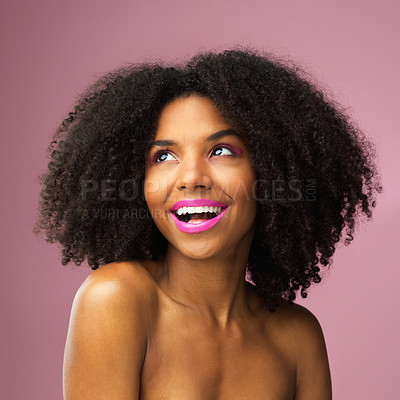 Buy stock photo Beauty, smile and thinking with excited black woman in studio on pink background for inspiration. Lipstick, makeup or skincare and happy model with idea for aesthetic, cosmetics or future wellness